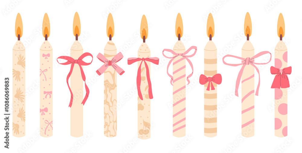 Birthday cake candles with bow set. Vector flat illustration collection isolated on white background. Birthday cake candles with bow set. Vector flat illustration collection isolated on white background.