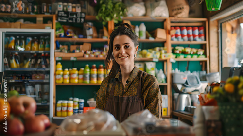 Smiling Indian woman wearing a white shirt is in the minimarket