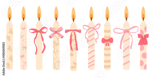 Birthday cake candles with bow set. Vector flat illustration collection isolated on white background.