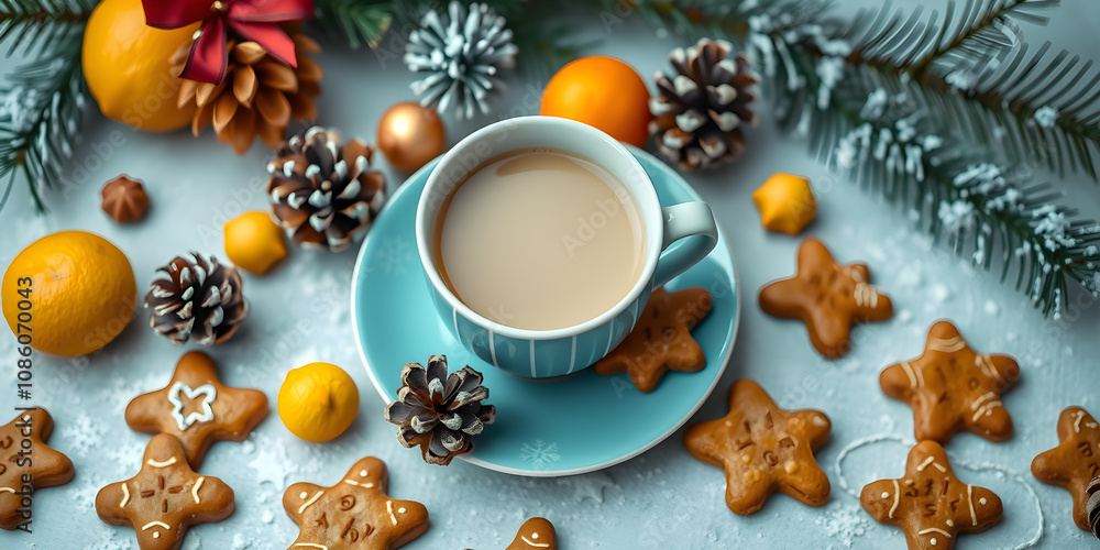 Hot tea in winter day. Christmas background Hot tea in winter day. Christmas background