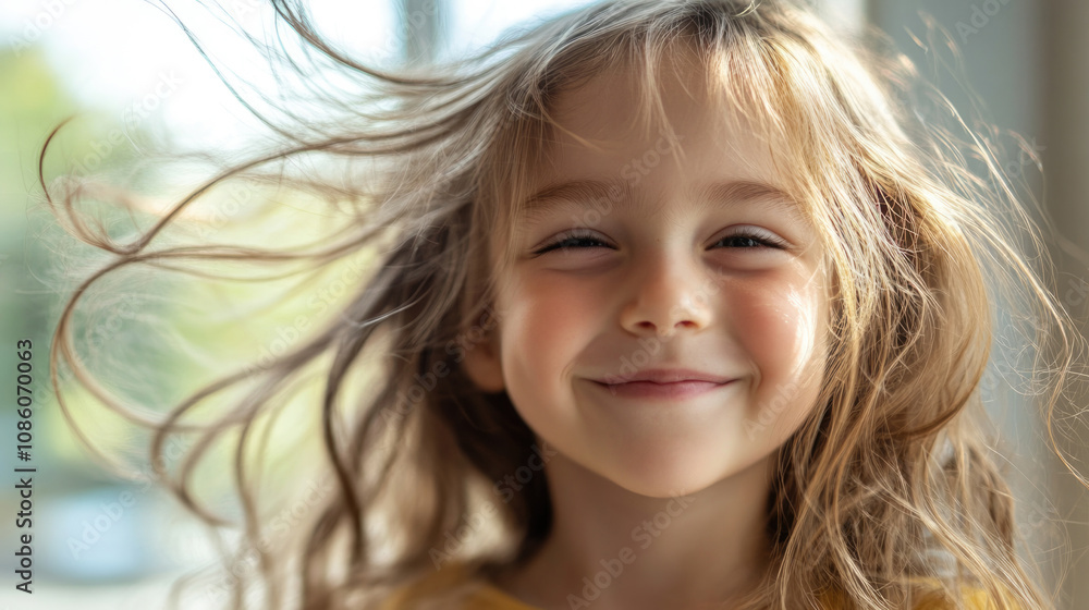 A happy child smiles brightly with hair swirling in sunlight, capturing a moment of pure joy and innocence filled with warmth and carefree lightness. A happy child smiles brightly with hair swirling in sunlight, capturing a moment of pure joy and innocence filled with warmth and carefree lightness.