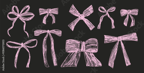 Crayon coquette bows. Chalk drawing ribbons set. Vector illustration isolated on white background.