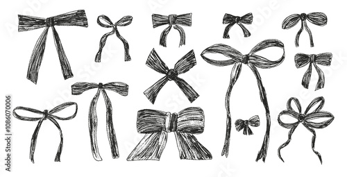 Crayon bow. Charcoal brush drawing ribbons collection. Chalk drawing band and gift box packaging decoration. Vector illustration isolated on white background.