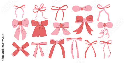 Bows coquette set. pink and red vector girly ribbons collection. Delicate romantic beauty elements. Illustration isolated on white background.