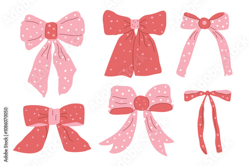 Dotted bow coquette pack. Vector girly ribbons collection. Pink and red holiday accessories pack Illustration isolated on white background.