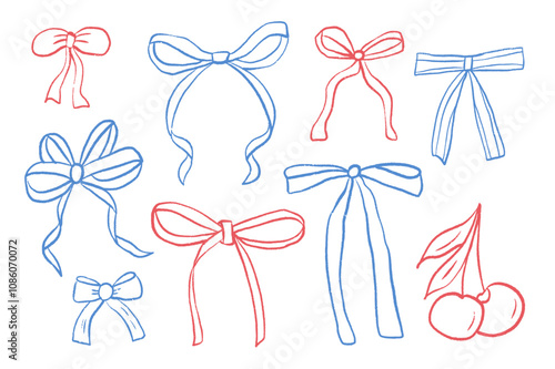 Crayon bow red and blue patriotic colors. Pencil drawing ribbons with bands. Line doodle style vector illustration set isolated on white background.