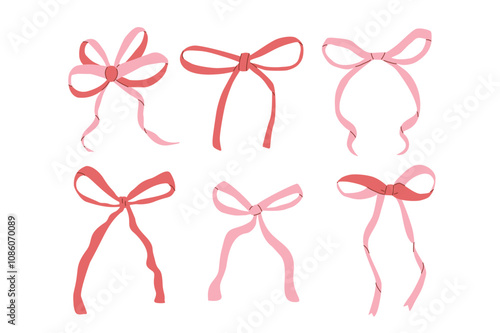 Bow coquette set. Vector gift packaging ribbons collection. Doodle decoration pack for holiday design. Wrap romantic accessories illustration isolated on white background.