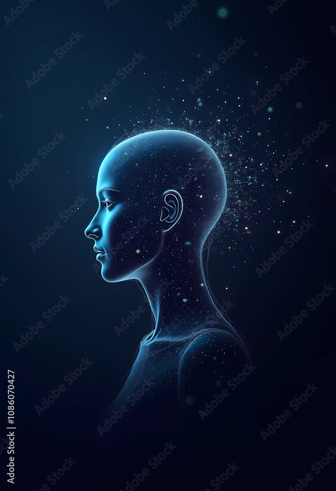 This striking digital display showcases a profile of a humanoid figure, surrounded by glowing particles that create an effect of emerging data, embodying the essence of artificial intelligence. AI This striking digital display showcases a profile of a humanoid figure, surrounded by glowing particles that create an effect of emerging data, embodying the essence of artificial intelligence. AI