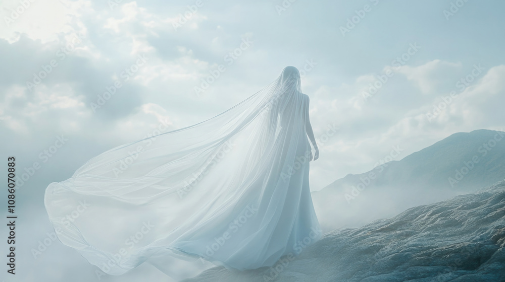 A silhouette wrapped in a flowing gown stands on a mountaintop shrouded in mist, gazing into a sky of gentle clouds, embodying mystery and tranquility. A silhouette wrapped in a flowing gown stands on a mountaintop shrouded in mist, gazing into a sky of gentle clouds, embodying mystery and tranquility.