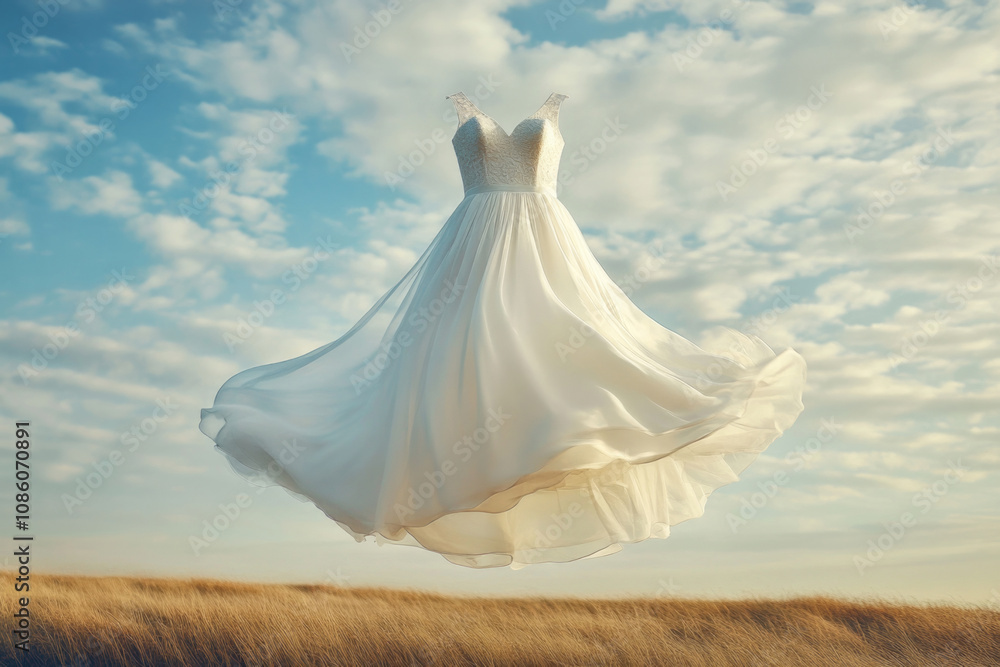 A striking white dress appears to float within the frame against a beautifully picturesque sky, evoking a dreamlike atmosphere of freedom and imagination. A striking white dress appears to float within the frame against a beautifully picturesque sky, evoking a dreamlike atmosphere of freedom and imagination.