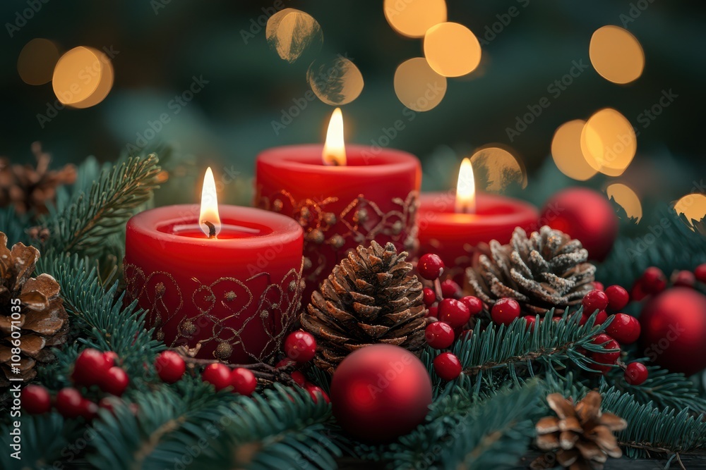 Christmas red berries and candles with green tree branches on a fuzzy background Christmas red berries and candles with green tree branches on a fuzzy background