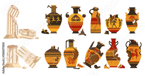 Cracked ancient Greek vases. Broken pottery. Marble columns with fissures. Historical crockery. Antique ceramics. Traditional clay amphorae. Corinthian colonnade. Splendid vector set
