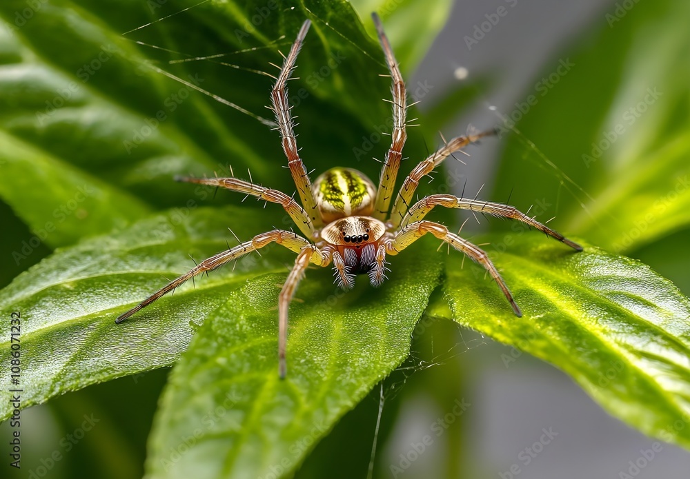 Close-Up of a Colorful Spider Resting on a Fresh Green Leaf Surrounded by Nature, Capturing the Intricate Details of Its Body and Habitat Close-Up of a Colorful Spider Resting on a Fresh Green Leaf Surrounded by Nature, Capturing the Intricate Details of Its Body and Habitat