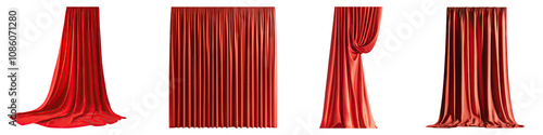Red curtain isolated on transparent background, Set of
