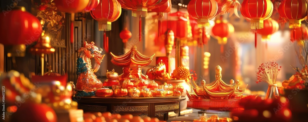 Vibrant red lanterns illuminate a traditional street during Chinese New Year celebrations. Vibrant red lanterns illuminate a traditional street during Chinese New Year celebrations.