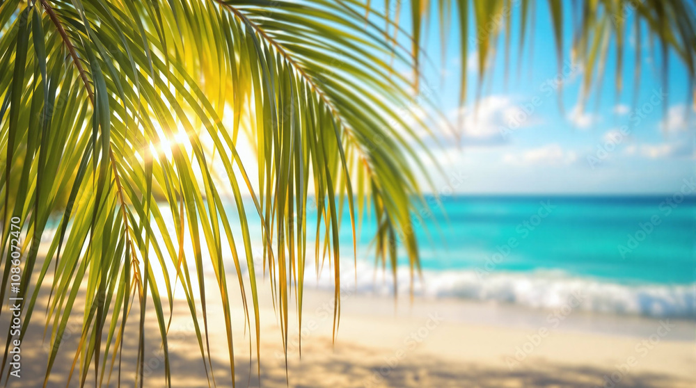 Tropical Exotic Paradise Beach with Ocean or Sea Horizon and Lush Green Palm Tree Leaves, Summer Holiday Vacation and Travel Tropical Exotic Paradise Beach with Ocean or Sea Horizon and Lush Green Palm Tree Leaves, Summer Holiday Vacation and Travel