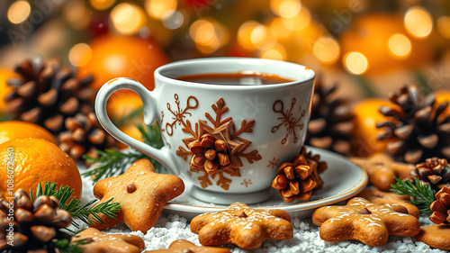 Christmas tea cup with cinnamon and cookies, Christmas background