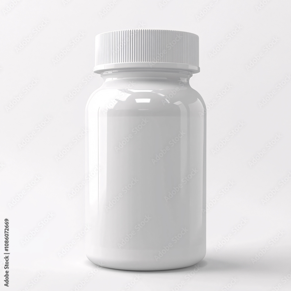 A plain white plastic pill bottle with a ribbed screw cap on a clean white background, ideal for medical, pharmaceutical, or supplement product design mockups A plain white plastic pill bottle with a ribbed screw cap on a clean white background, ideal for medical, pharmaceutical, or supplement product design mockups