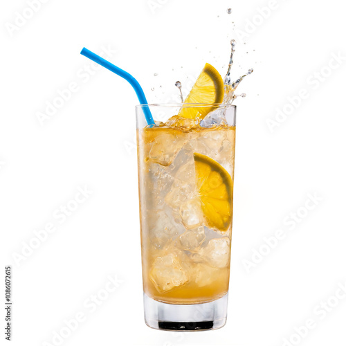 Refreshing orange cocktail with ice splash and orange slices on white or transparent background, Arnold palmer 
