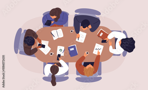 Business meeting at conference table. Top view people in formal suits solve work issues. Office staff. Employees group brainstorming. Businessman negotiation. Garish vector concept