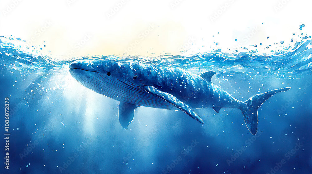 Fototapeta premium Blue whale swimming underwater with sunlight streaming through. AI-generated