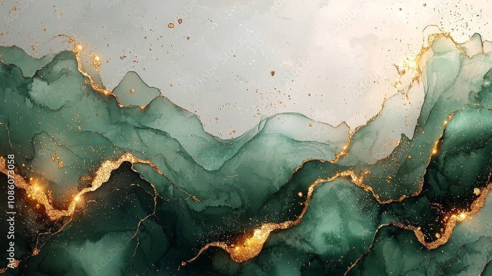 Abstract art featuring green and gold fluid shapes resembling mountains. Abstract art featuring green and gold fluid shapes resembling mountains.