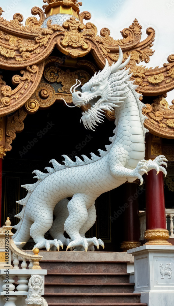 Fototapeta premium Striking White Marble Dragon Statue in Defensive Pose on Pedestal with Lavishly Ornamented Building Backdrop