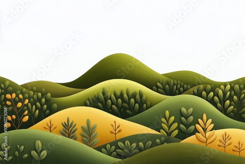 Pastoral landscape surrounding it, including rolling hills, trees, vibrant background with minimalistic style mountains, art minimal landskape,  wallpaper, banner, copy space photo