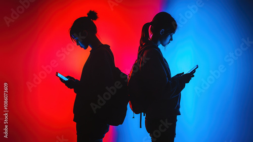 Silhouettes of two people using mobile phones