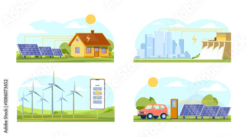 Alternative energy sources scenes. Generation of solar, wind, water power. Eco friendly technologies. Renewable and sustainable Electricity production. Electric generators vector set