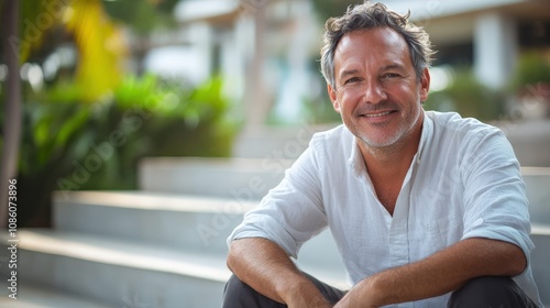 Smiling Mature Man Relaxing Outdoors in a Serene Environment