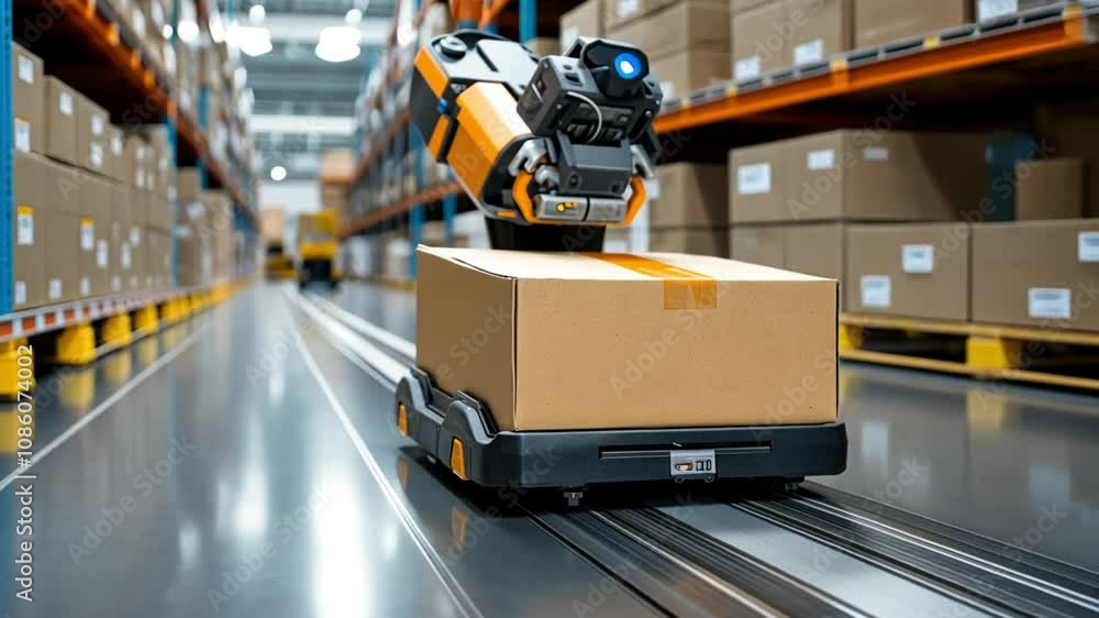 A robotic arm interacts with a package on a conveyor in a warehouse setting. A robotic arm interacts with a package on a conveyor in a warehouse setting.