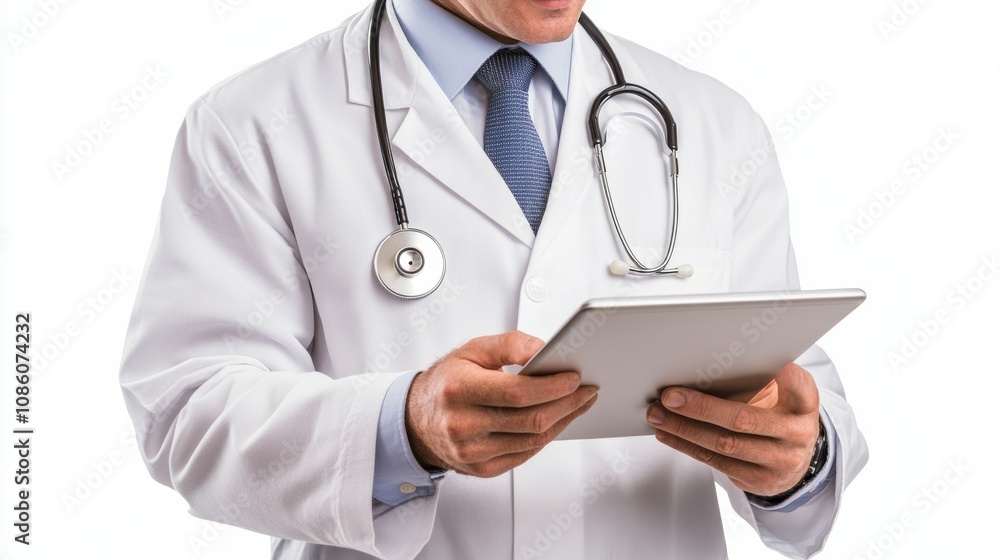 A doctor in a white coat is intently reviewing patient information on a tablet in a bright medical office during the day. Generative AI A doctor in a white coat is intently reviewing patient information on a tablet in a bright medical office during the day. Generative AI