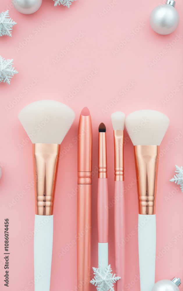 Colorful Makeup Brushes on Sparkling Pink Background. Colorful Makeup Brushes on Sparkling Pink Background.