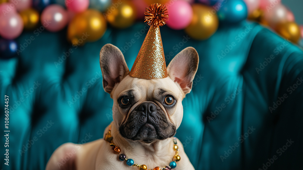 French Bulldog Celebrating with Golden Party Hat and Balloons French Bulldog Celebrating with Golden Party Hat and Balloons