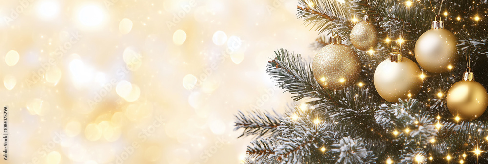Golden Christmas Ornaments on a Sparkling Dark Background or web banner Golden Christmas Ornaments on a Sparkling Dark Background or web banner