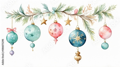 Beautiful watercolor Christmas ornaments hanging on a pine branch