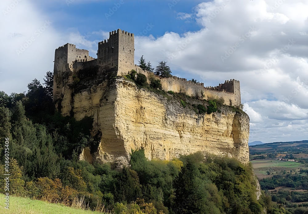 Fototapeta premium Majestic Medieval Castle Perched on a Dramatic Cliff Surrounded by Lush Greenery and a Vibrant Blue Sky with Fluffy White Clouds