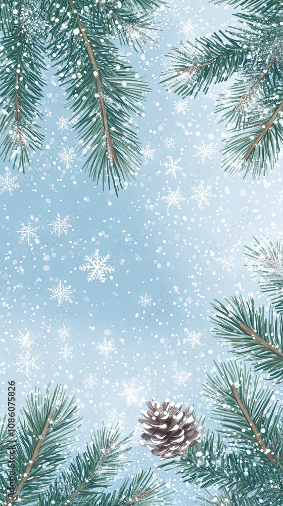 Winter Wonderland: Snowy Pine Branches and Falling Snow