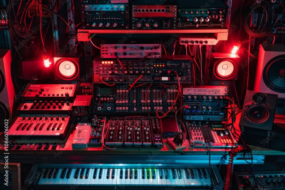 of a setup featuring audio engineering and electronic testing equipment, with analog audio gear of a setup featuring audio engineering and electronic testing equipment, with analog audio gear