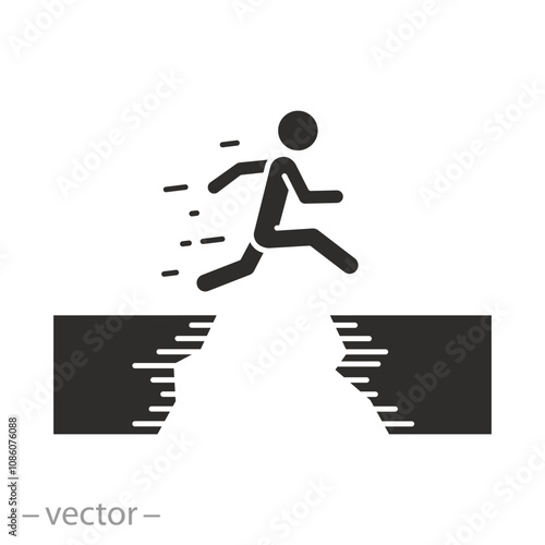 jump career barrier, man jumping across the mountain gap icon, life challenge obstacle, high cliff and people courage, business mission risk, flat vector illustration
