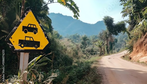 Caution Sign for Passing Vehicles on a Rural Mountain Road Surrounded by Lush Greenery and Scenic Nature, Indicating Road Safety in a Remote Area photo