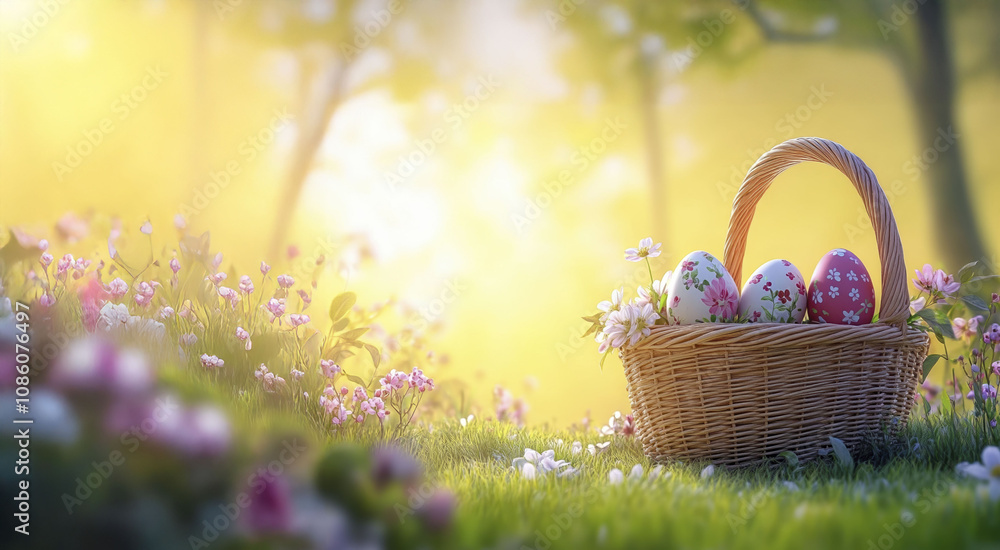 Colorful Easter eggs in a wicker basket surrounded by spring blossoms at sunrise Colorful Easter eggs in a wicker basket surrounded by spring blossoms at sunrise
