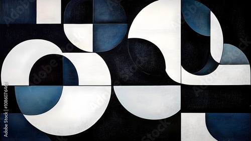 Wallpaper Mural Abstract Geometric Composition Featuring Circular and Curved Shapes in Monochrome with Shades of Blue and White Against a Dark Background Torontodigital.ca