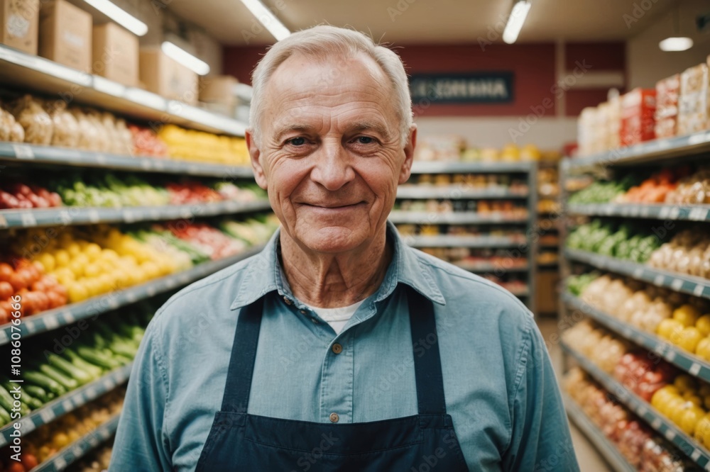 Close portrait of a smiling senior Latvian male grocer standing and looking at the camera, Latvian grocery store blurred background Close portrait of a smiling senior Latvian male grocer standing and looking at the camera, Latvian grocery store blurred background