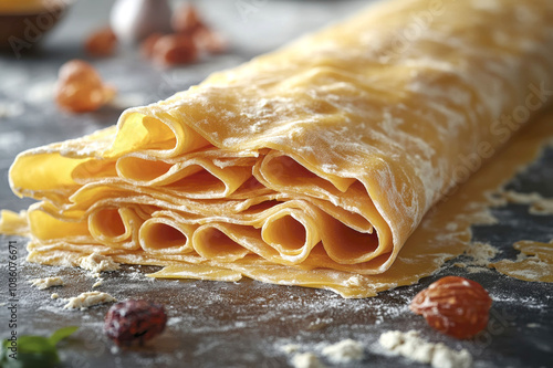 Freshly rolled pasta sheets with flour dusting on rustic kitchen counter photo