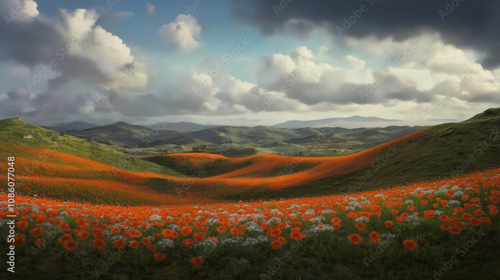 Vibrant Field of Poppies Blooming Across Rolling Green Hills Vibrant Field of Poppies Blooming Across Rolling Green Hills