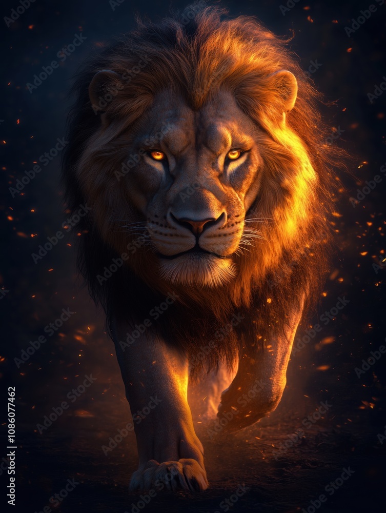 Naklejka premium Majestic lion with a fiery mane and glowing eyes, walking confidently in a dark forest setting, evoking strength, power, and mythical presence