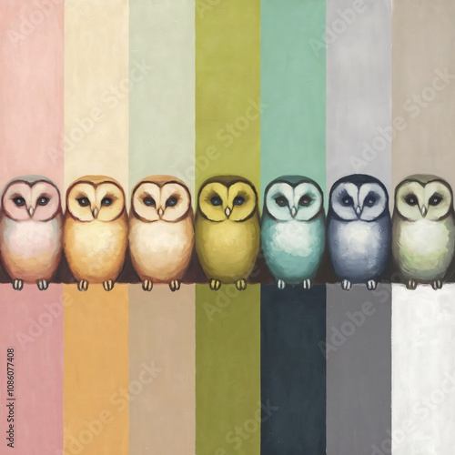 a painting of owls with different colors and a striped background. photo