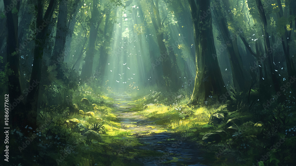 Obraz premium Forest Pathway with Sunlight Beams